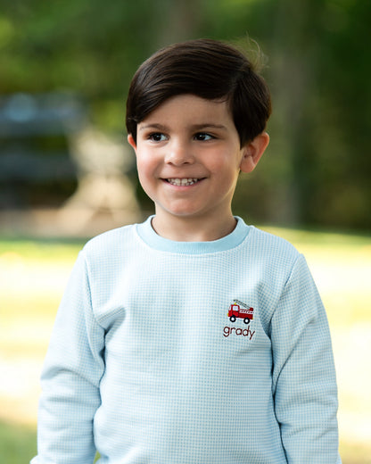 Blue Gingham Embroidered Firetruck Sweatshirt