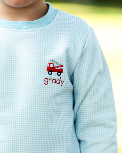 Blue Gingham Embroidered Firetruck Sweatshirt