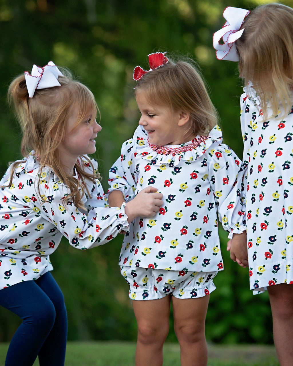 Red Smocked Flower Print Diaper Set