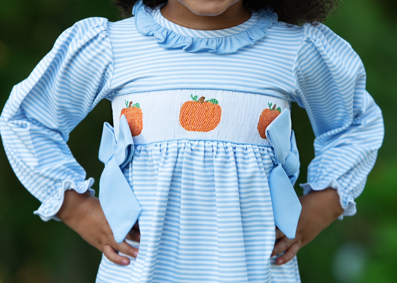 Blue Knit Stripe Smocked Pumpkin Diaper Set