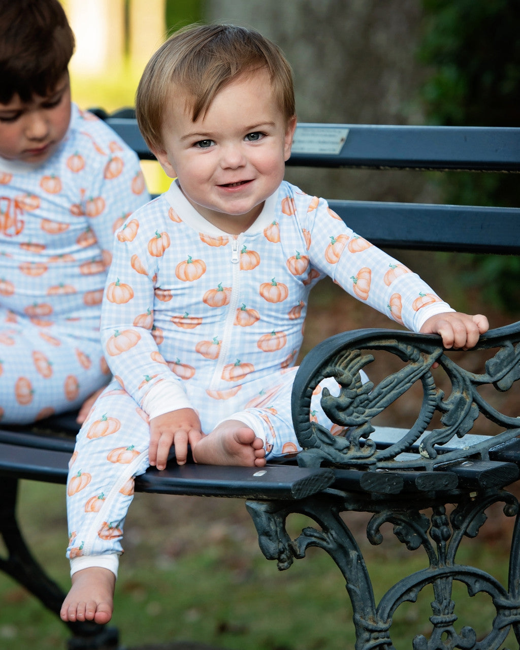 Blue Check Pumpkin Print Knit Zipper Pajamas