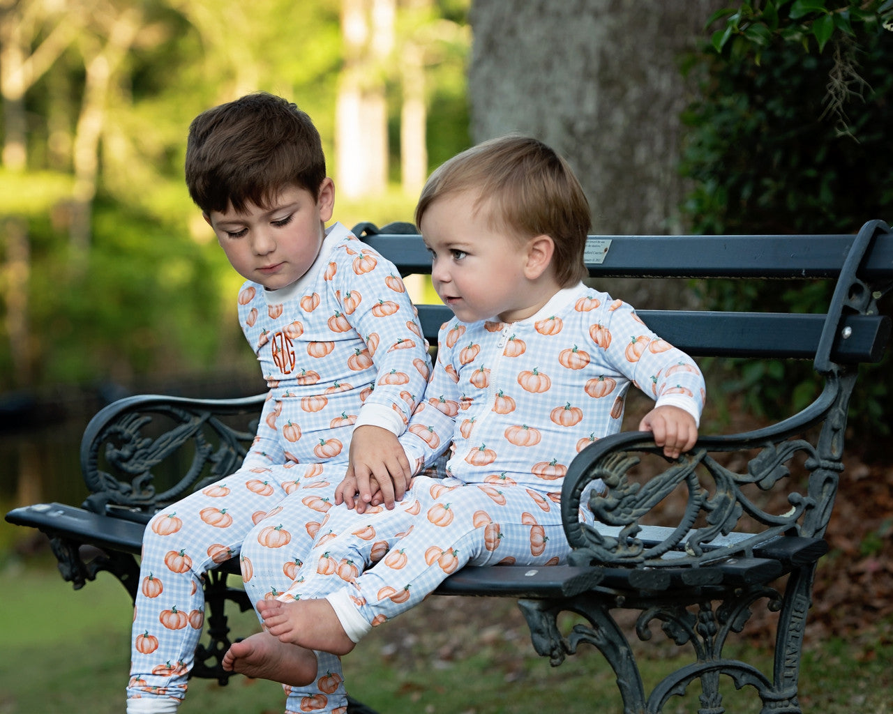 Blue Check Pumpkin Print Knit Zipper Pajamas