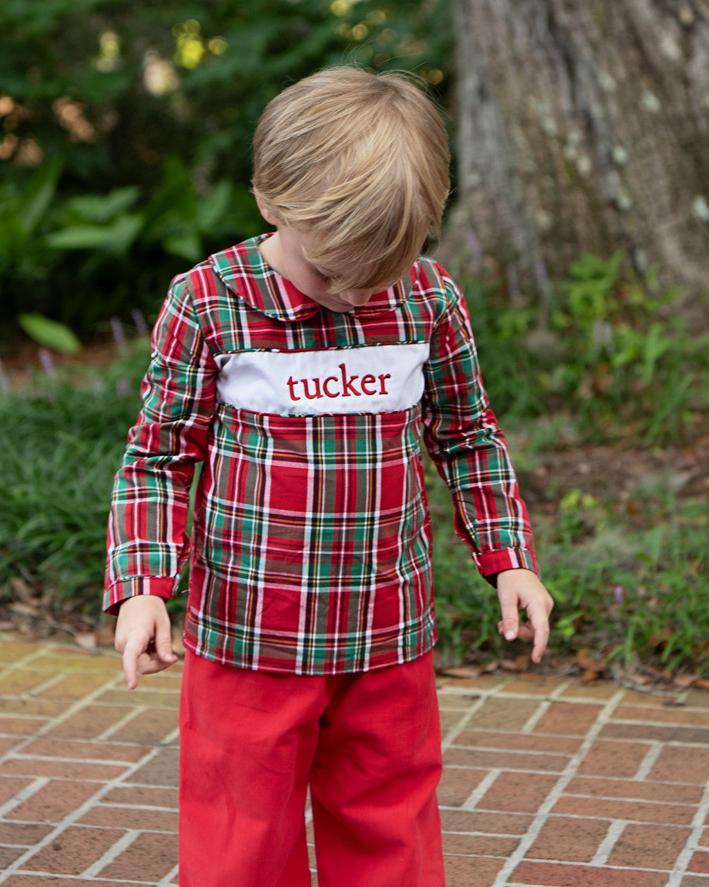 Sugar Dumplin A Monogram Toddler Boy Christmas Holly Red Gingham Pant Set, offers 4T