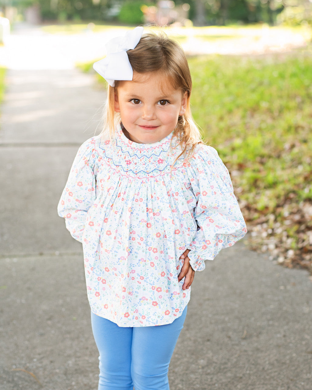 Pink And Blue Floral Smocked Legging Set