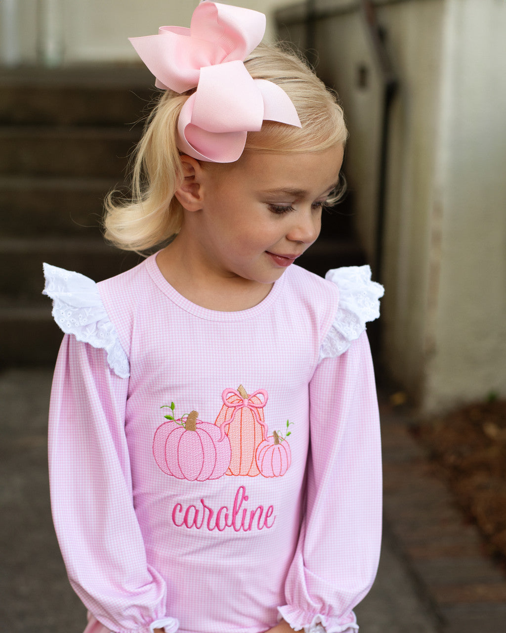 Pink Knit Gingham Embroidered Pumpkin Shirt