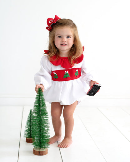 Girls Red And White Honeycomb Embroidered Christmas Tree Bubble