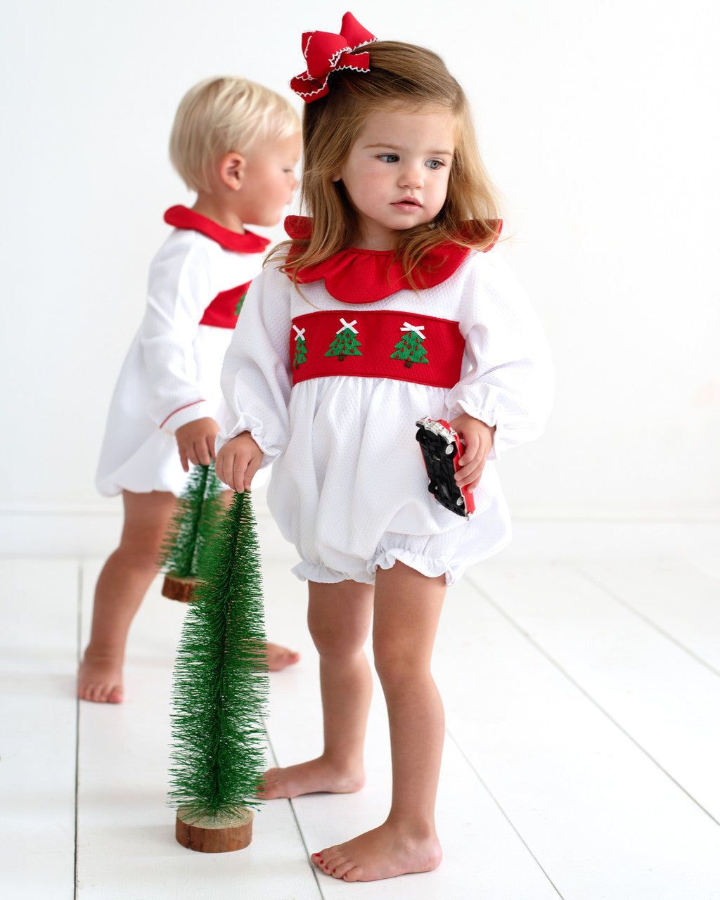 Girls Red And White Honeycomb Embroidered Christmas Tree Bubble