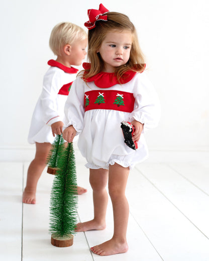 Girls Red And White Honeycomb Embroidered Christmas Tree Bubble