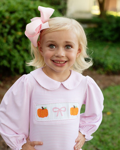 Pink Knit Stripe Smocked Pumpkin And Bow Shirt