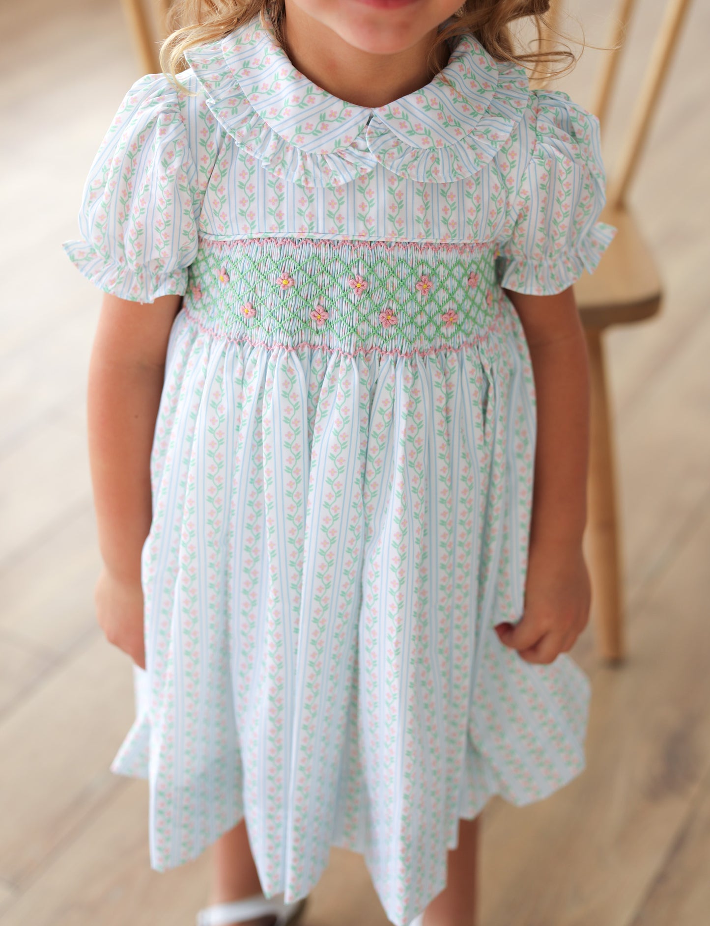 Pink And Green Smocked Vintage Floral Dress