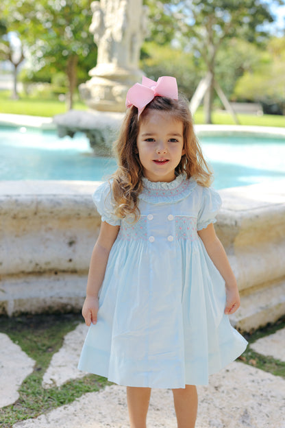 Blue And Pink Smocked Rosette Dress