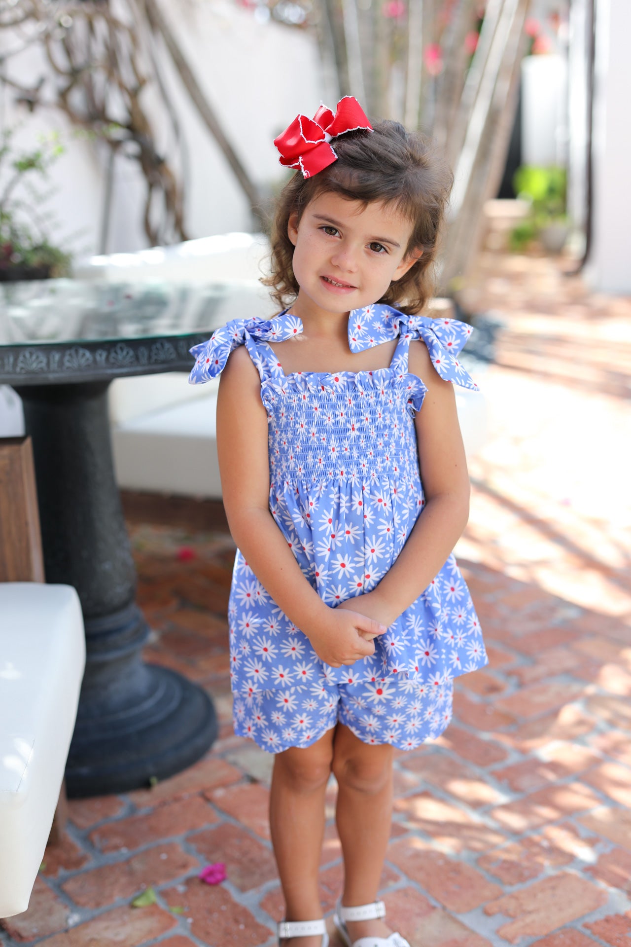 Red, White And Blue Smocked Floral Short Set