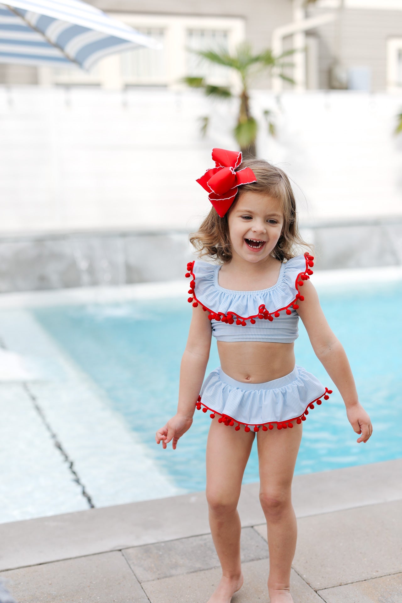 Blue Striped Lycra Pom Pom Bikini