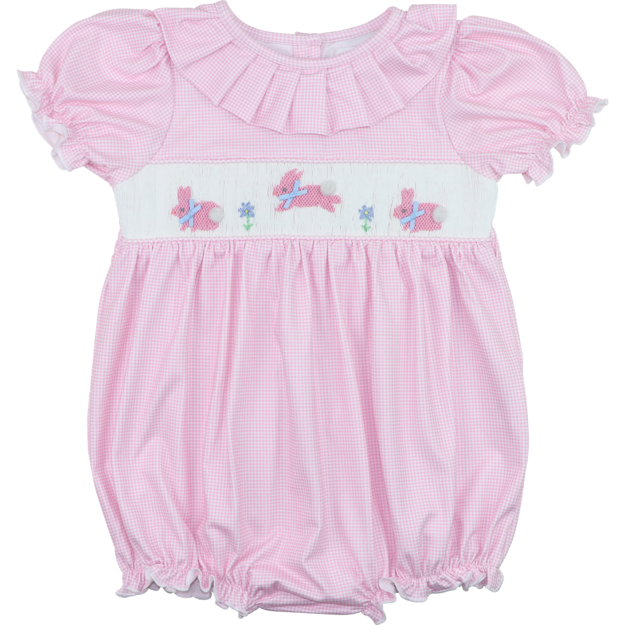 Pink Knit Gingham Smocked Bunnies Bubble