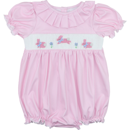 Pink Knit Gingham Smocked Bunnies Bubble