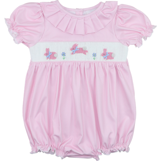 Pink Knit Gingham Smocked Bunnies Bubble