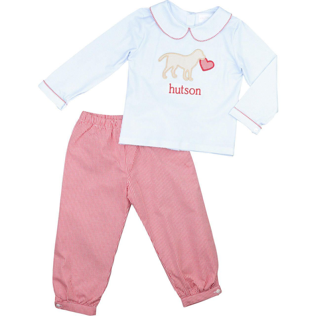 Blue And Red Gingham Valentine Puppy Pant Set