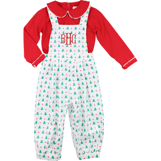 Red And Green Christmas Tree And Dots Corduroy Overall Set