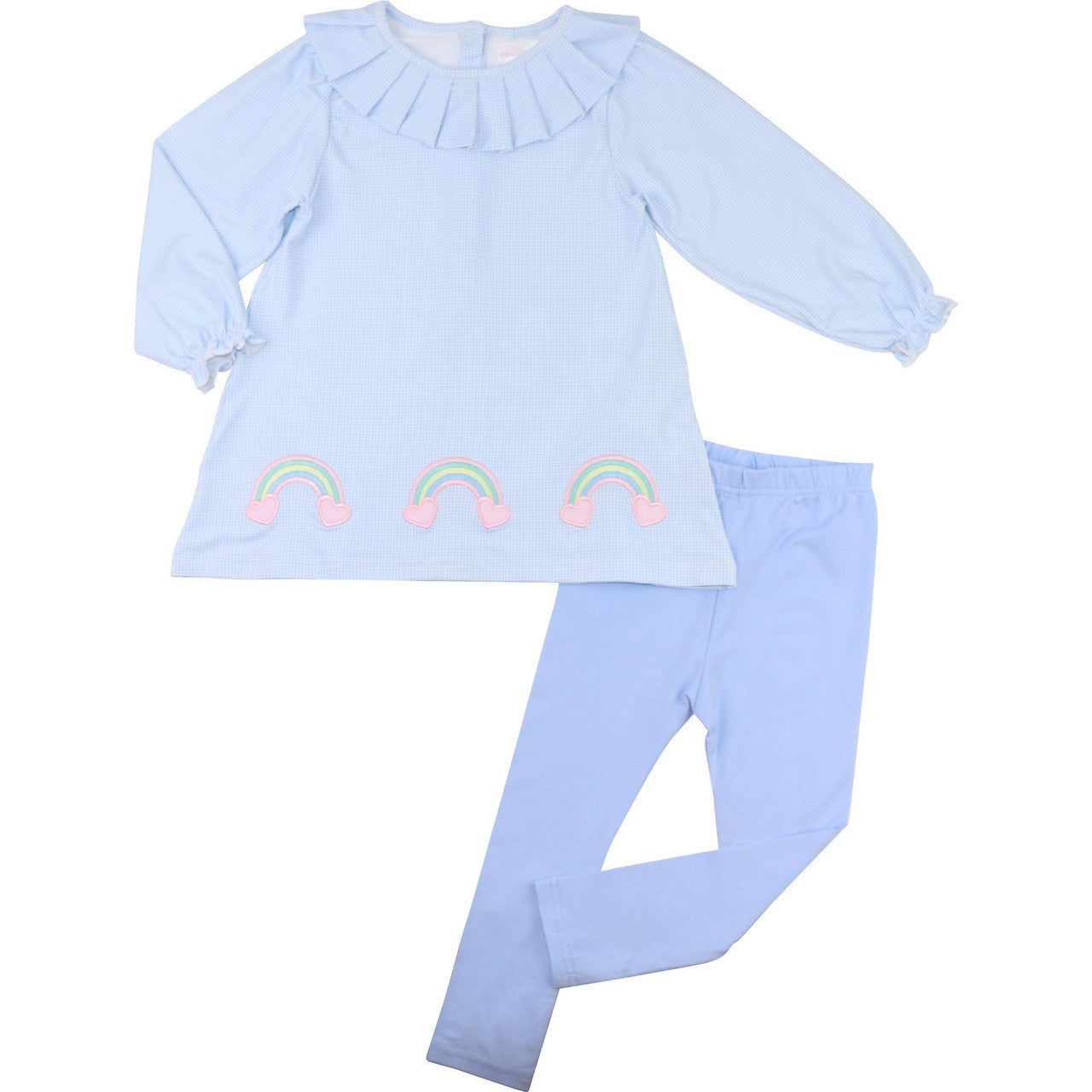 Blue Gingham Knit Applique Rainbows And Hearts Legging Set