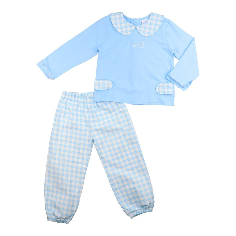 Blue Knit Check Ankle Pant Set