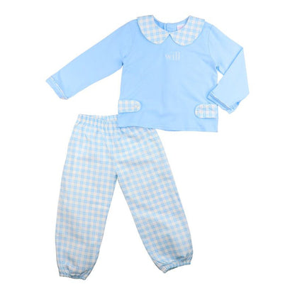 Blue Knit Check Ankle Pant Set