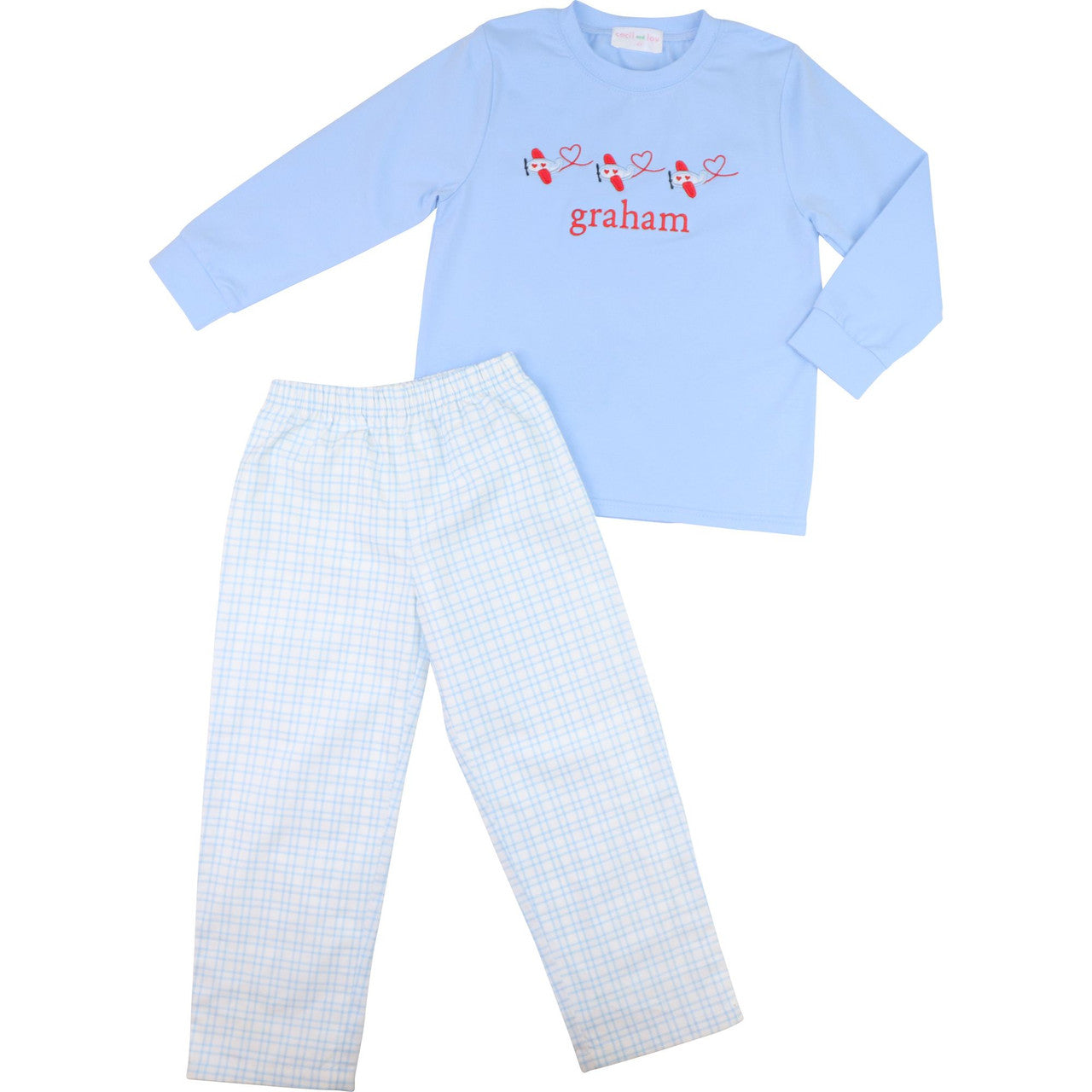 Blue Windowpane Applique Valentine Airplane Pant Set