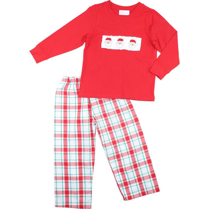 Red And Green Plaid Smocked Santa Pant Set