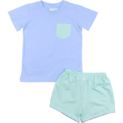 Blue And Mint Striped Knit Short Set