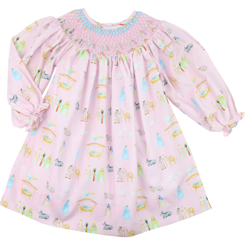 Pink And Blue Smocked Nativity Scene Dress