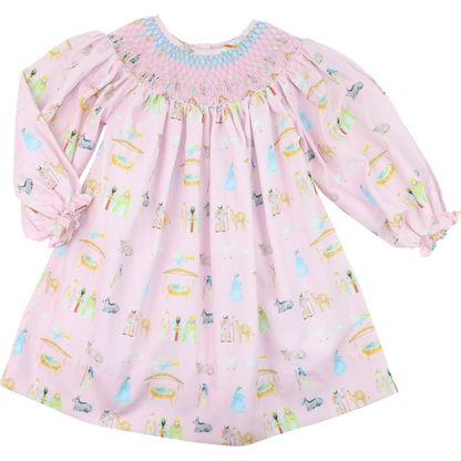 Pink And Blue Smocked Nativity Scene Dress