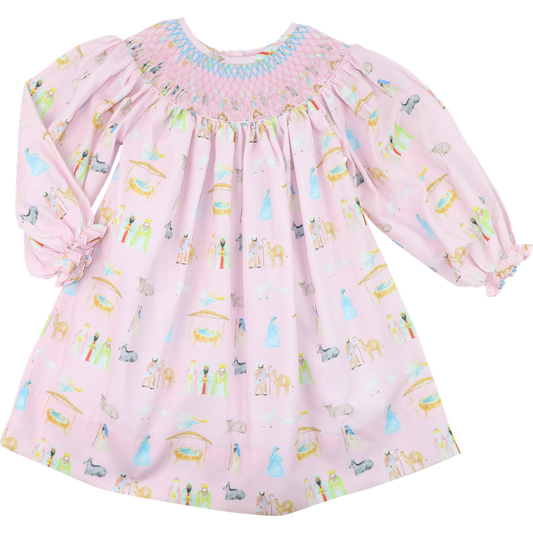 Pink And Blue Smocked Nativity Scene Dress