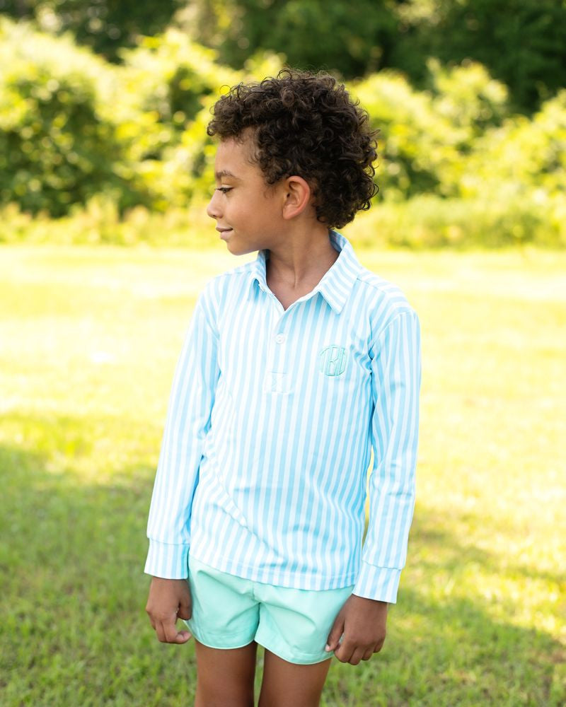 Mint And Blue Striped Polo Short Set