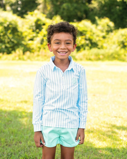 Mint And Blue Striped Polo Short Set