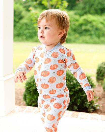 Blue Gingham Knit Pumpkin Zipper Pajamas