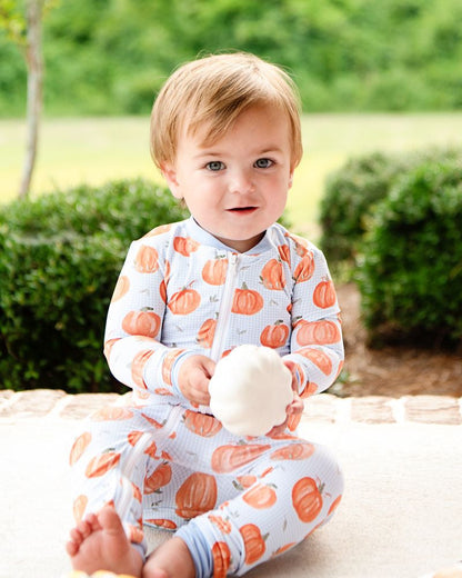 Blue Gingham Knit Pumpkin Zipper Pajamas