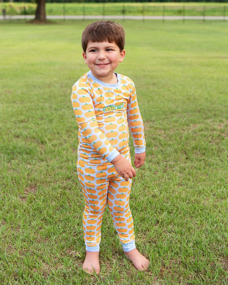 Blue And Orange Pumpkin Print Knit Pajamas