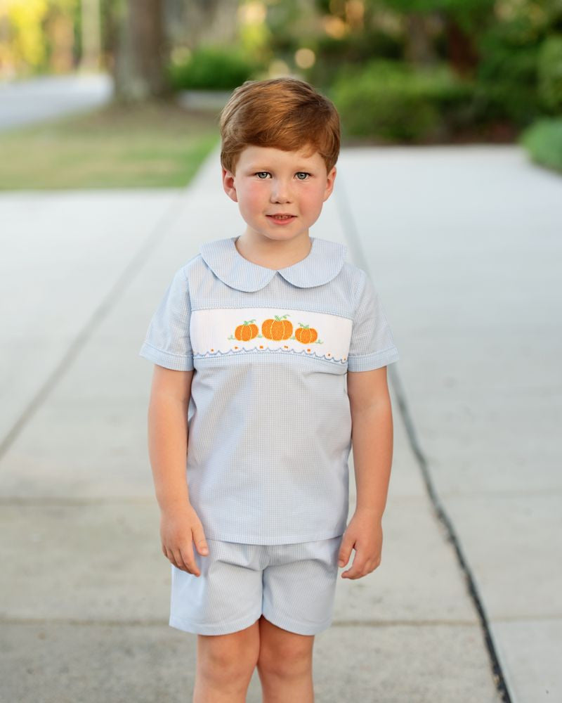 Blue Gingham Smocked Pumpkins Short Set