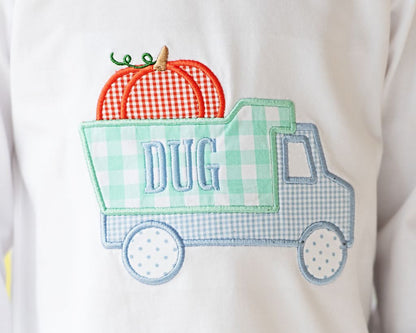 Mint Check Applique Pumpkin Dump Truck Short Set