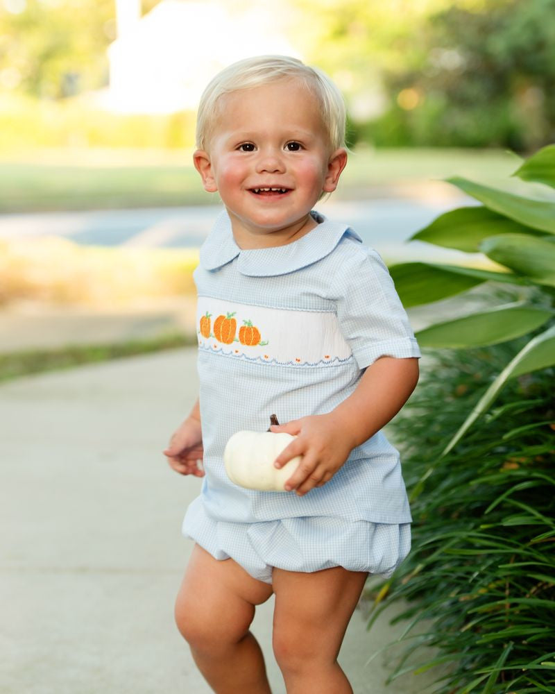 Blue Gingham Smocked Pumpkins Diaper Set