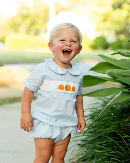 Blue Gingham Smocked Pumpkins Diaper Set