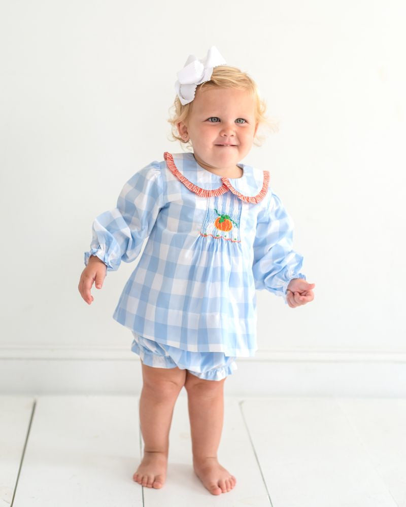 Blue Buffalo Check Smocked Pumpkin Diaper Set