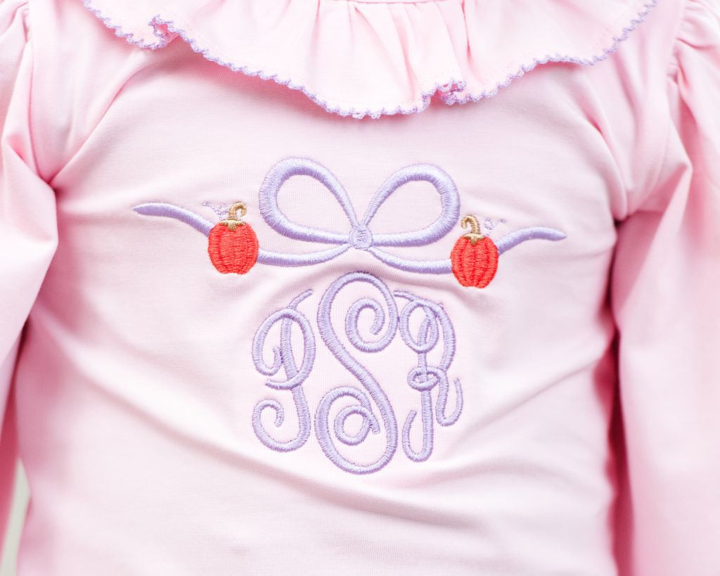 Pink And Lavender Embroidered Bow And Pumpkins Shirt