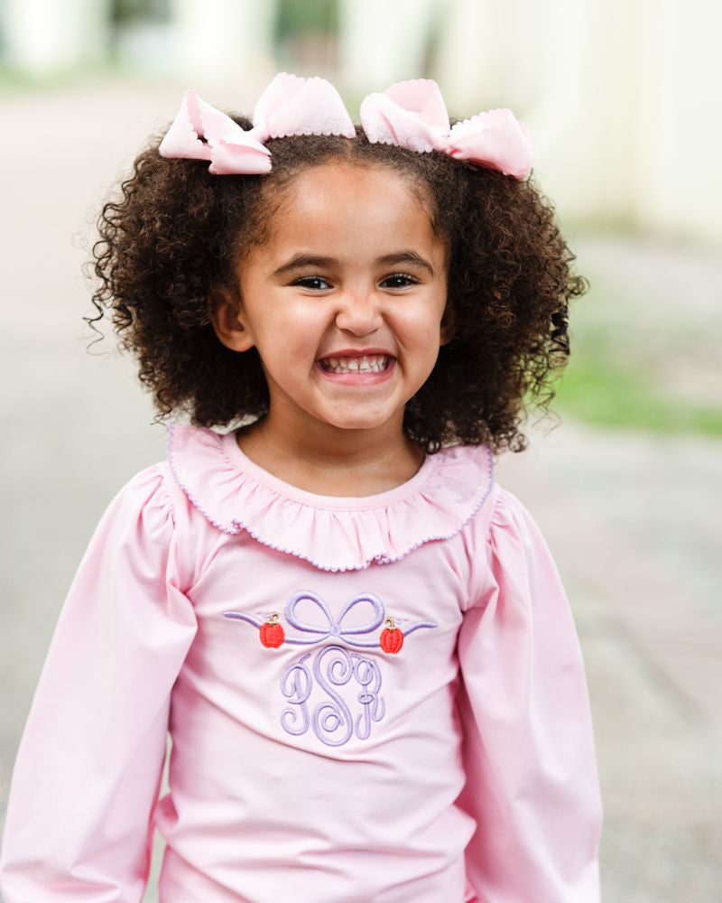 Pink And Lavender Embroidered Bow And Pumpkins Shirt