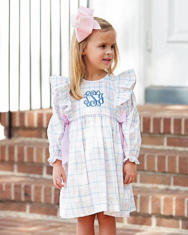 Pink And Blue Windowpane Corduroy Bow Dress