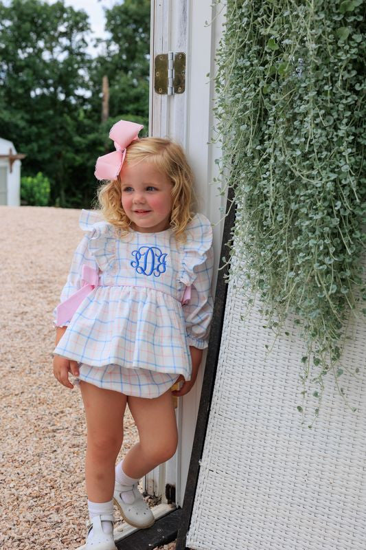 Pink And Blue Windowpane Corduroy Bow Diaper Set