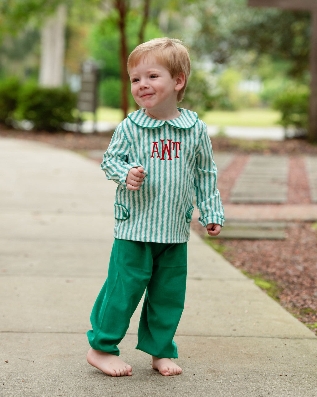 Green And White Corduroy Ankle Pant Set