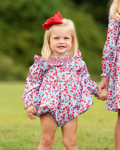 Red And Green Floral Smocked Ruffle Bubble