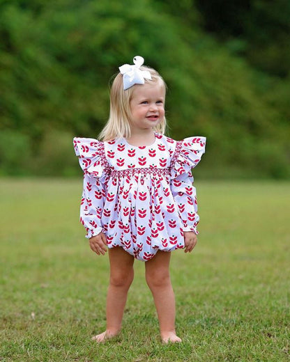 Holiday Block Print Smocked Bubble