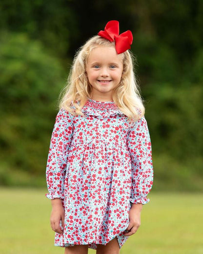 Red And Green Floral Smocked Ruffle Dress