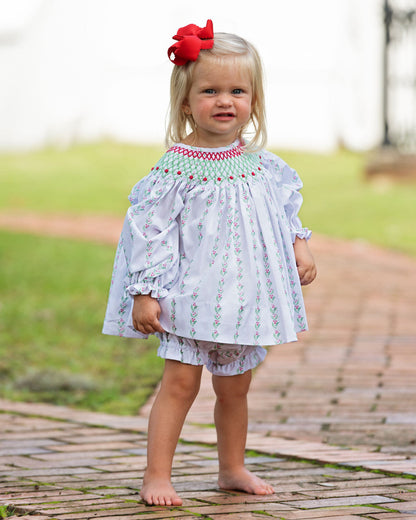 Pink And Green Smocked Holiday Floral Diaper Set